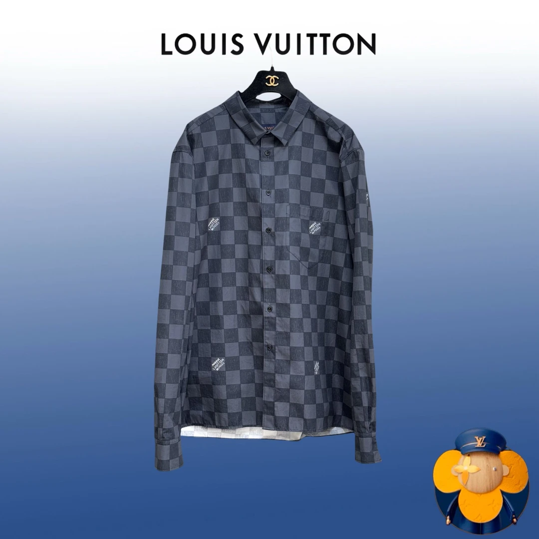 99新 LouisVuitton/路易威登 XXL码蓝灰色棋盘格logo衬衫