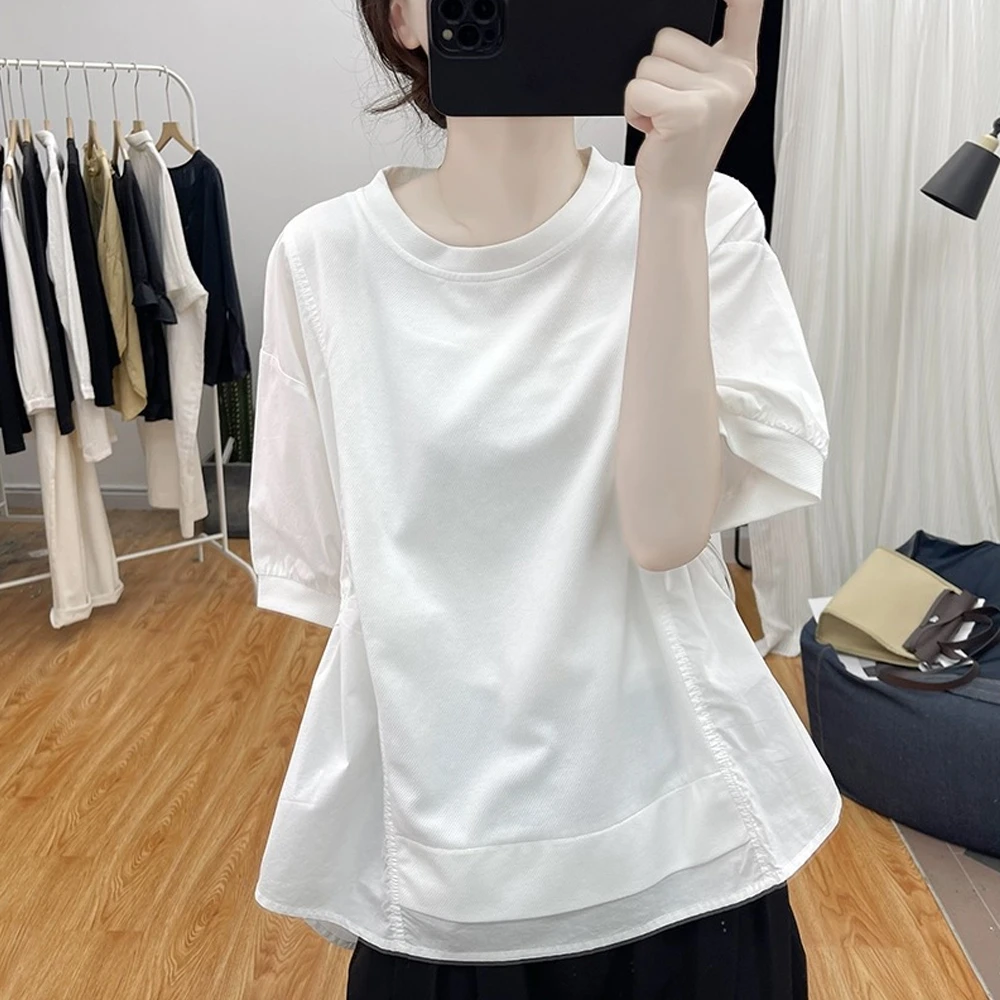 棉质灯笼袖收腰抽绳设计褶皱感夏季新款宽松圆领拼接显瘦短袖T恤