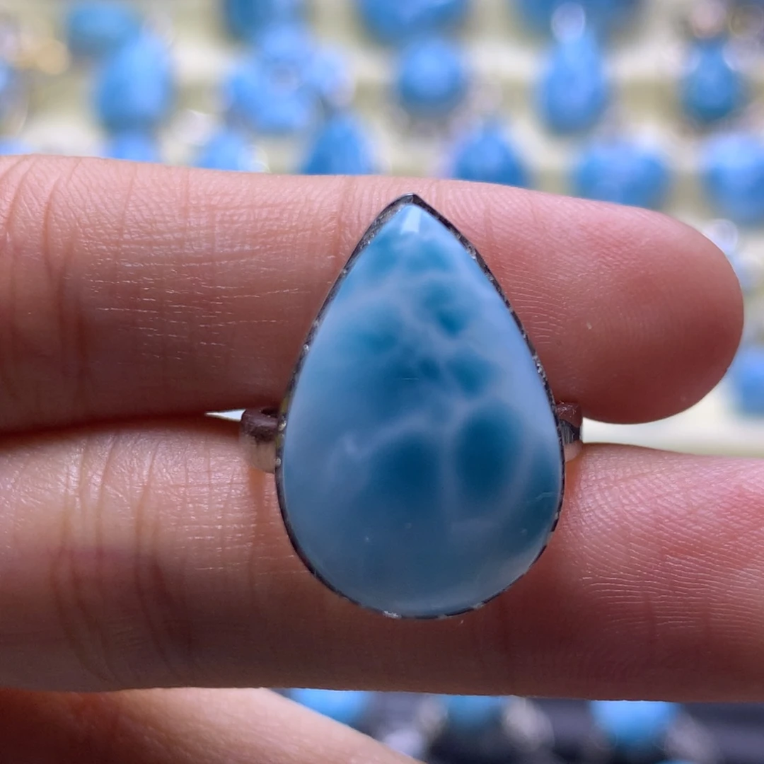 针钠钙石（海纹石）银S925镶嵌戒指水滴戒指色差略异