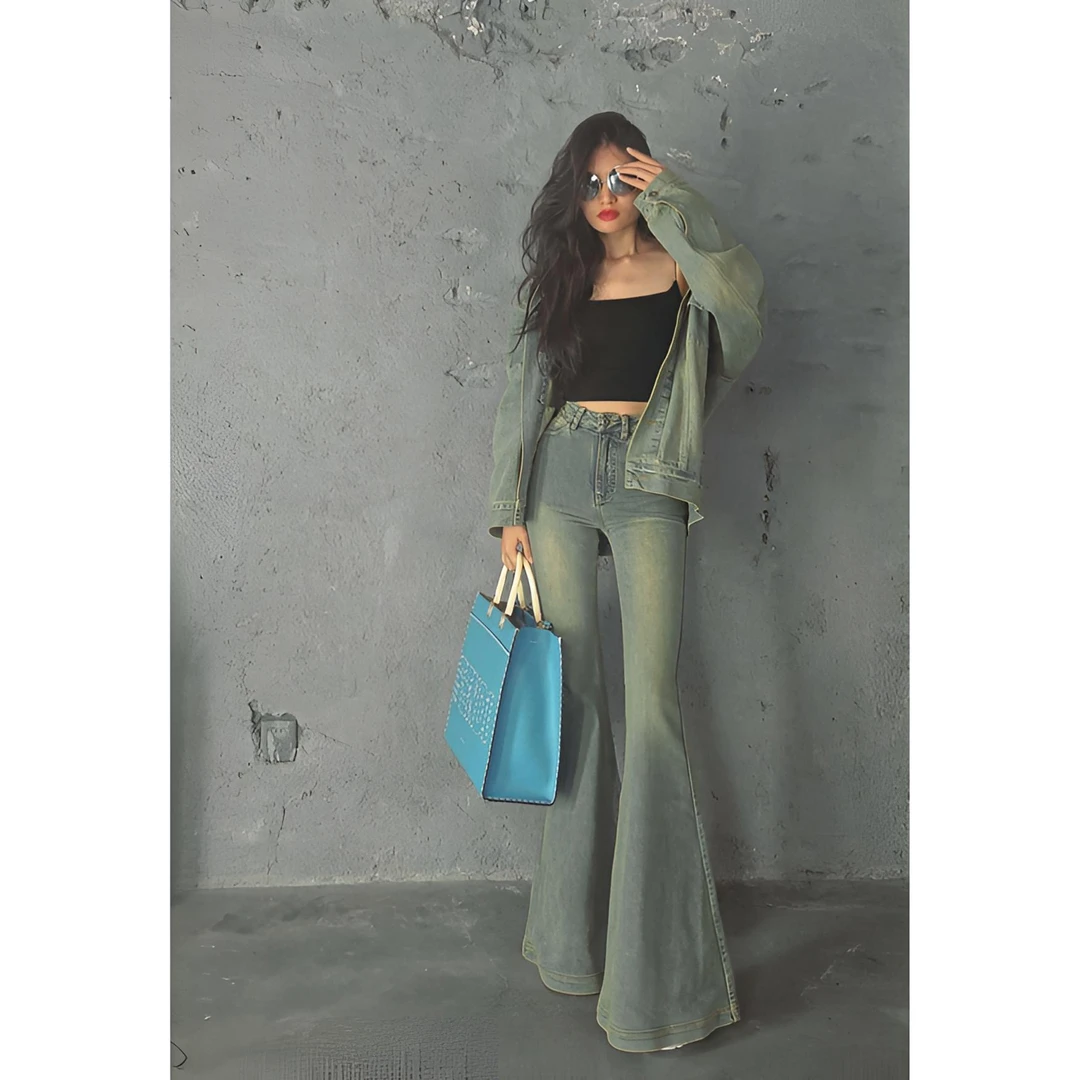 【复古色牛仔大喇叭】AOAOMISSSHOP鳌鳌家欧美时尚修身长裤37/1-2