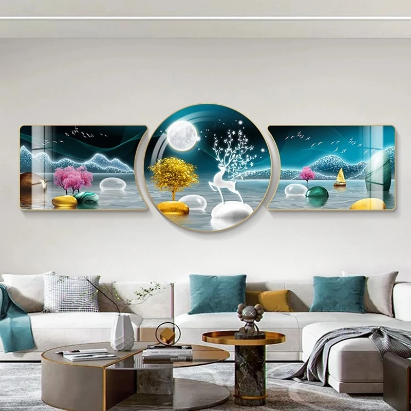 雅尚画业福山秀水客厅装饰画寓意好圆形艺术设计沙发背景