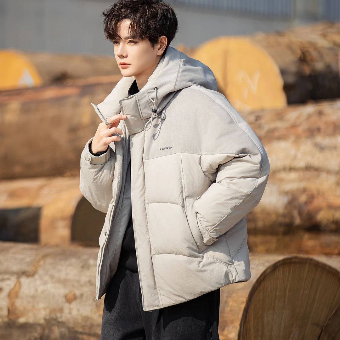 美式潮流拼接男士羽绒服冬季时尚百搭面包服简约宽松保暖鸭绒外套