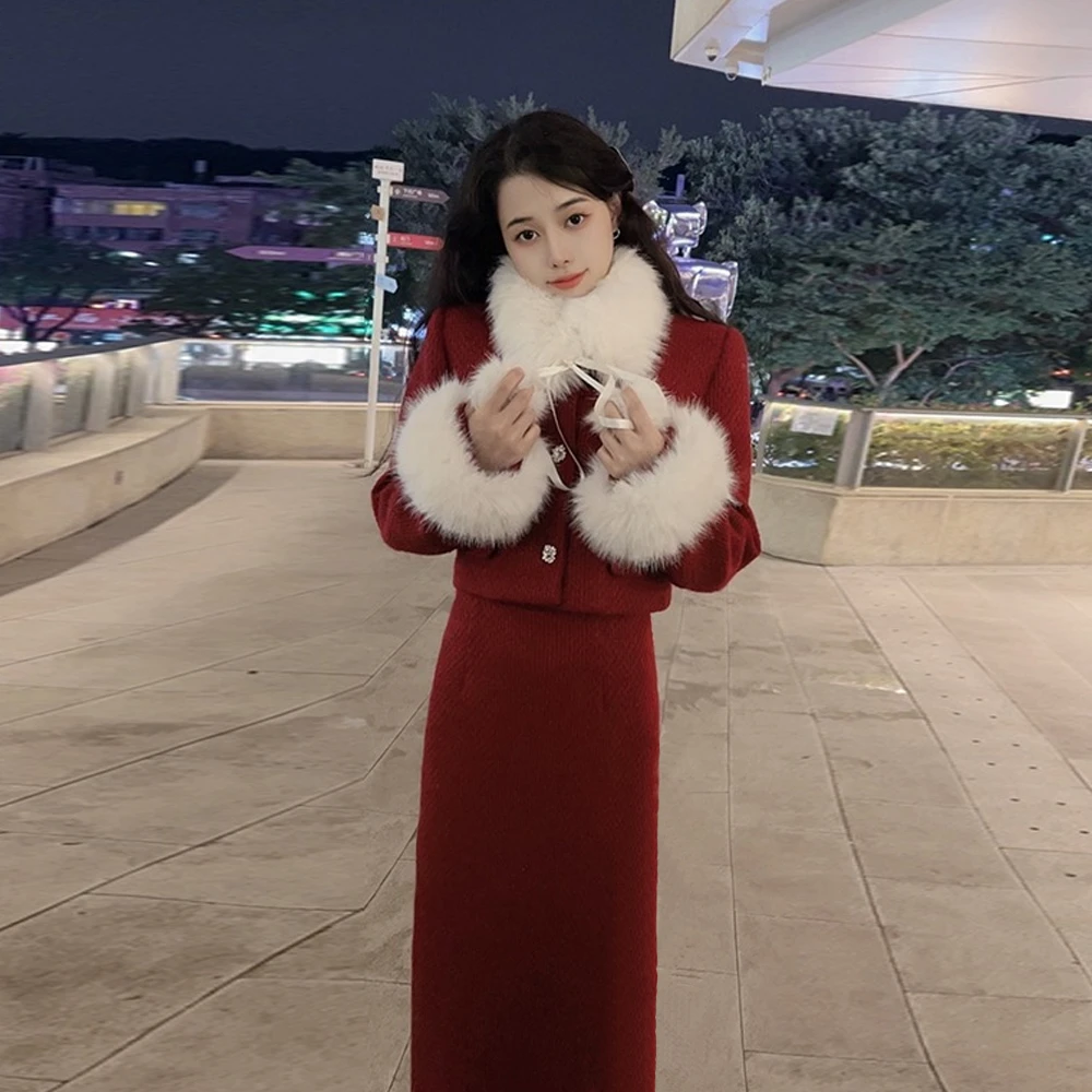 【ZY】充绒里衬微胖冬季爆款气质轻奢高端毛毛小香风套装+毛领