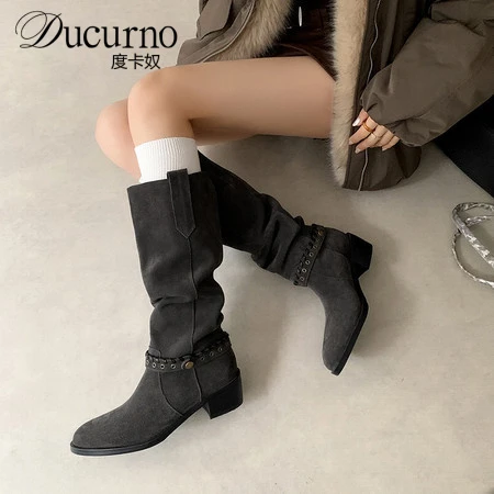 DUCURNO时尚爆款堆堆靴女套筒百搭真皮长靴加绒瘦瘦靴粗跟骑士靴