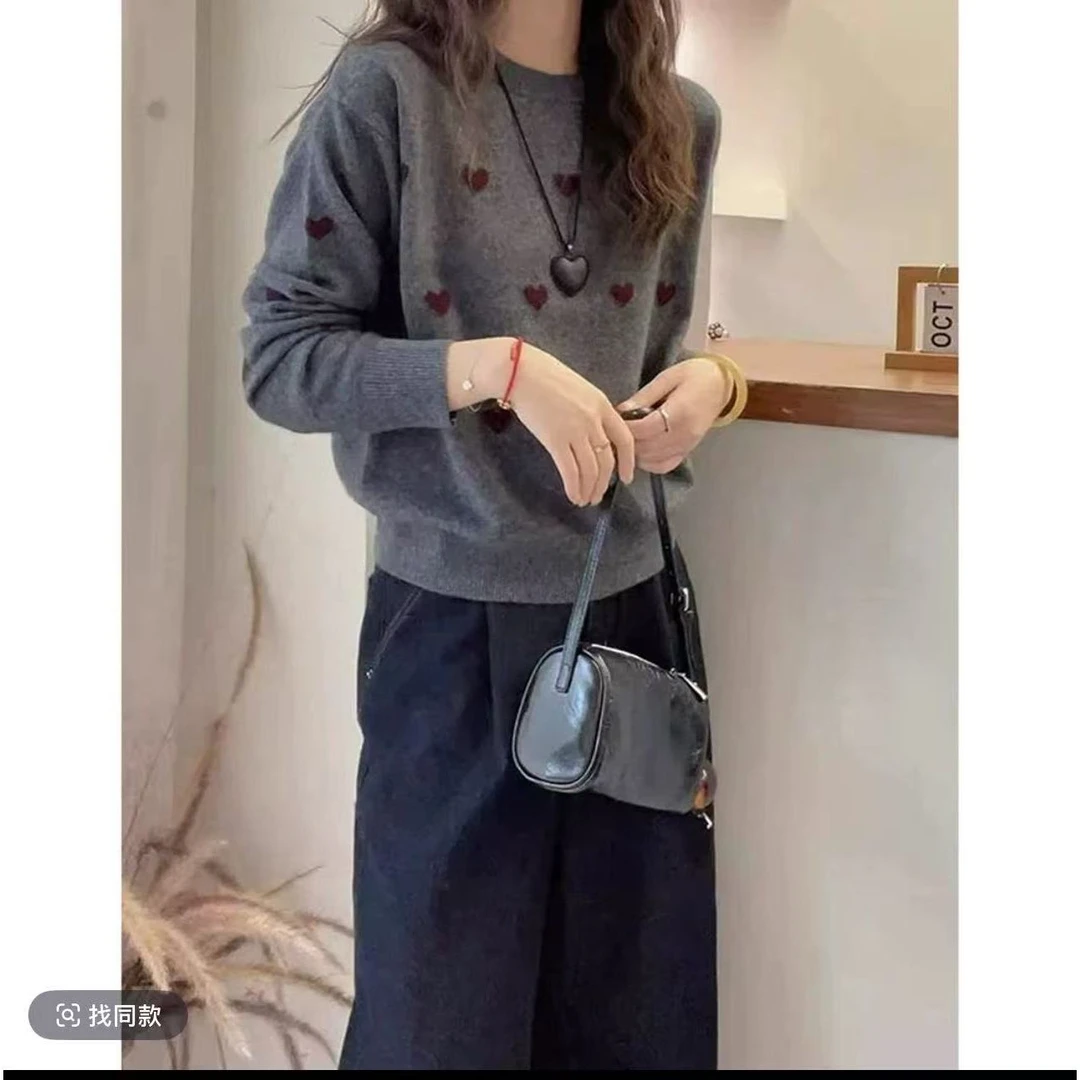 圆领秋季套头提花爱心设计感上衣毛衣针织衫女显瘦长袖减龄慵懒风