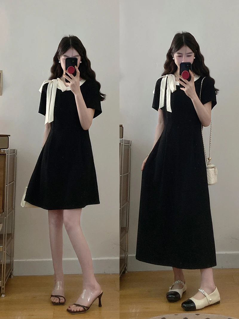 大码女时尚优雅撞色蝴蝶结收腰长短款连衣裙22600短款+22547长款