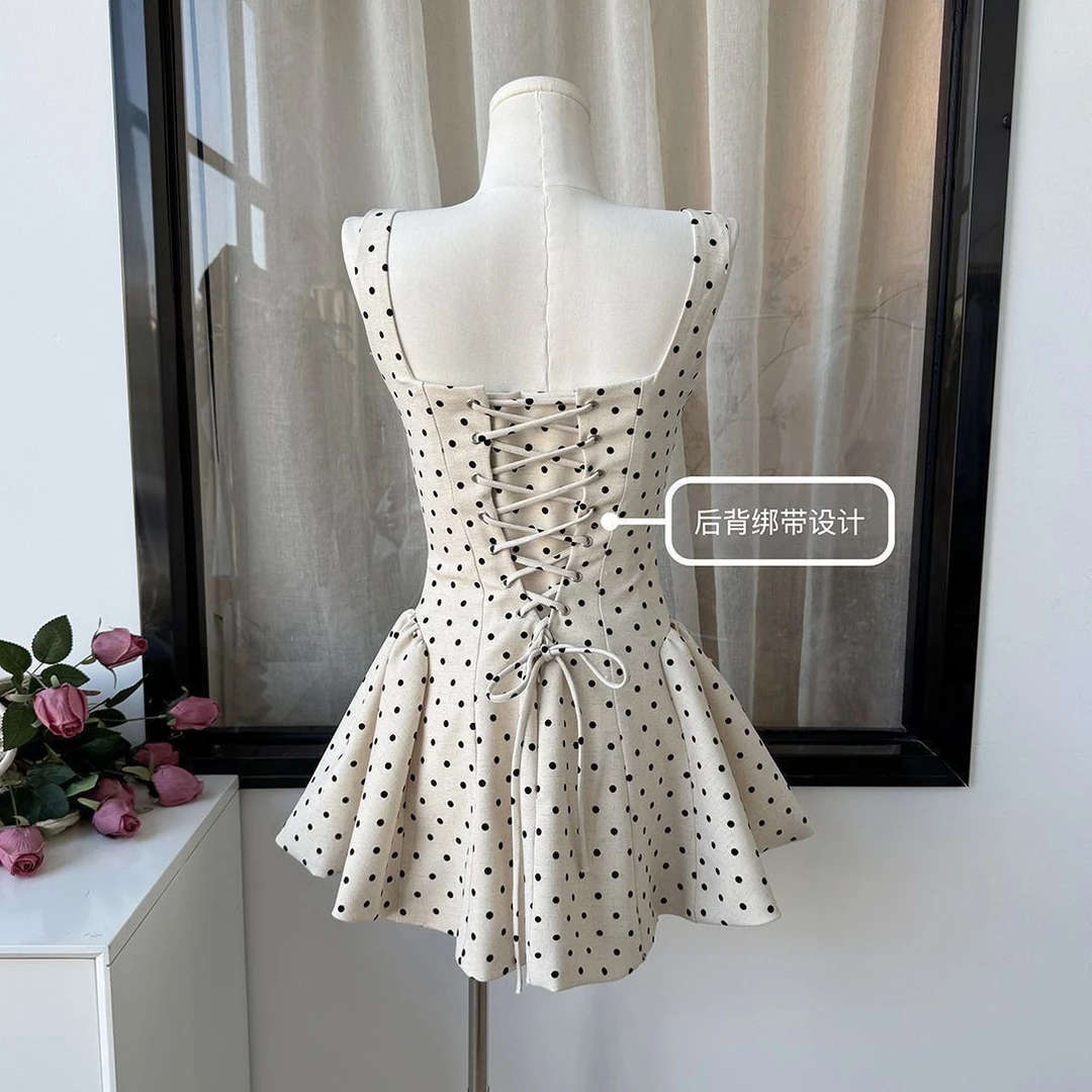 夏季新款白色波点吊带露背收腰显瘦法式公主短裙