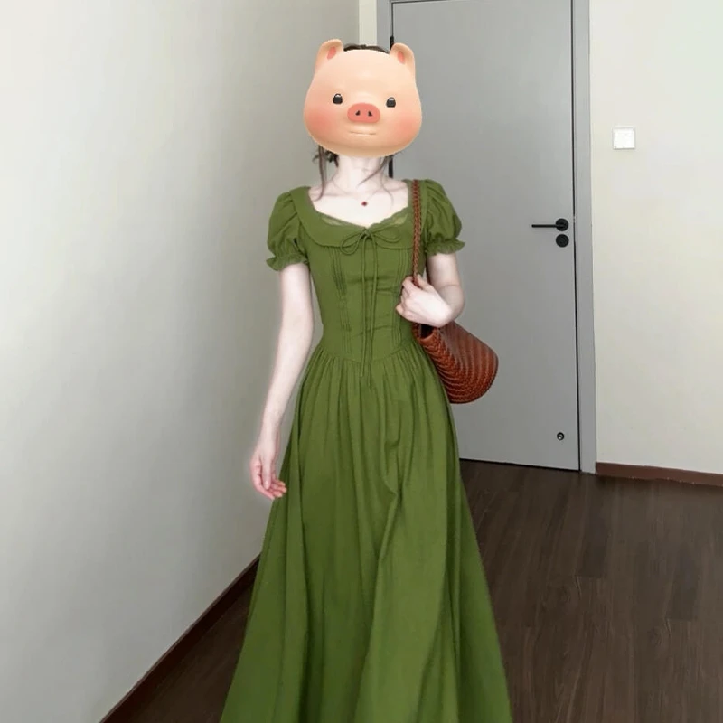 2025新款小个子法式气质绿色连衣裙子夏季知性风温柔女装收腰长裙