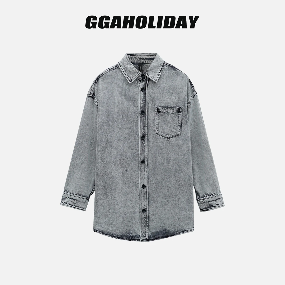 GGAHOLIDAY时尚休闲百搭复古宽松潮流长袖牛仔衬衫外套-154148