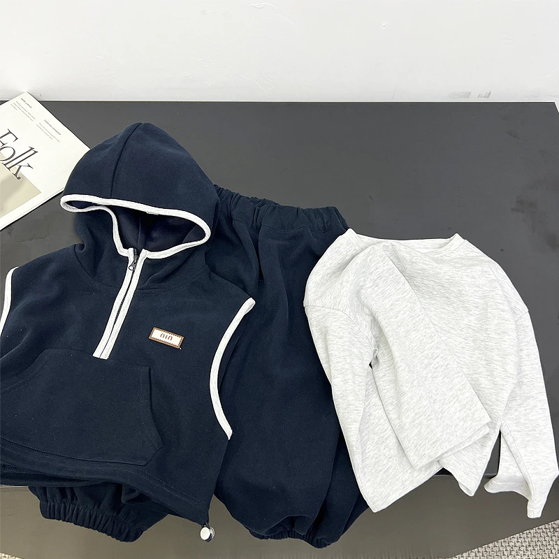 男童套装3件套秋款2025新款男宝宝连帽卫衣马甲时尚洋气男孩衣服