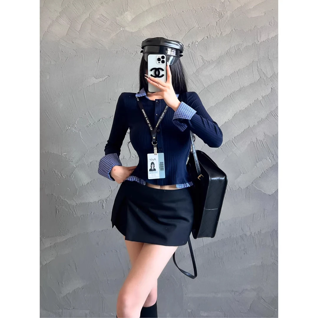 M21美式学院风撞色假两件翻领长袖单排扣衬衫黑色女装短款领上衣