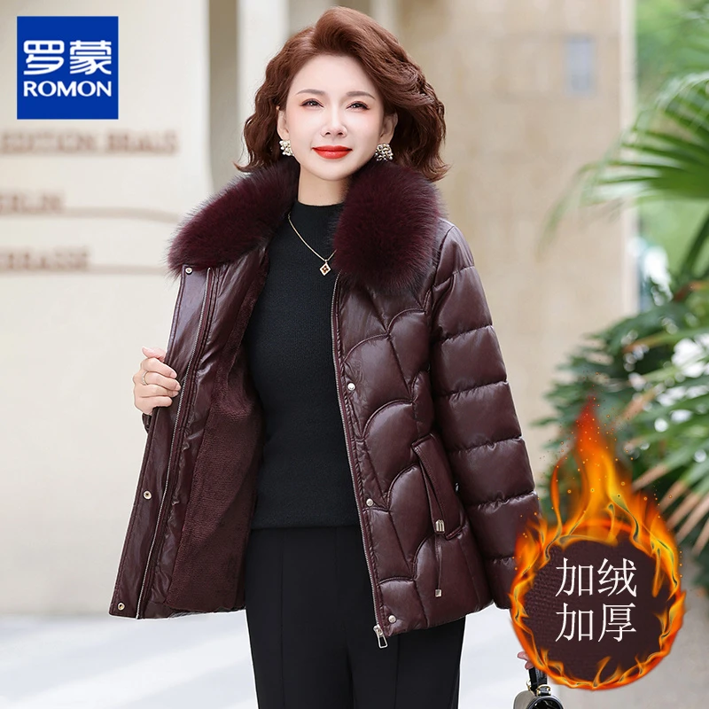 罗蒙妈妈冬装加绒加厚皮衣外套保暖pu皮棉袄中老年时尚夹克棉衣女