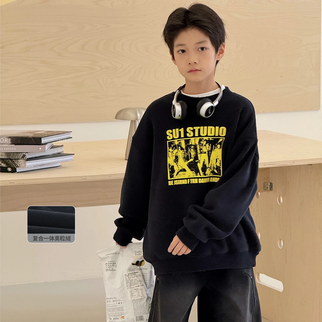 男童加绒卫衣冬装新款一体绒中大童帅气上衣儿童圆领套头衫AB1103