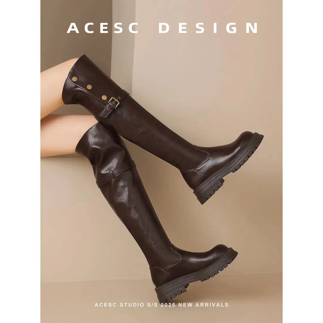 过膝长靴女高跟粗跟厚底增高骑士靴棕色大筒围小个两穿A25391590