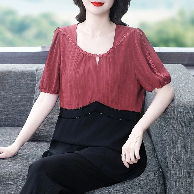 大码女装衬衫女2025夏季新款方领拼接显瘦休闲上衣250277