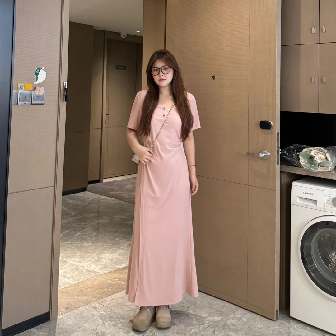 盈盈&南岛风大码女装法式方领长裙夏胖mmA字裙短袖连衣裙ZYY1925