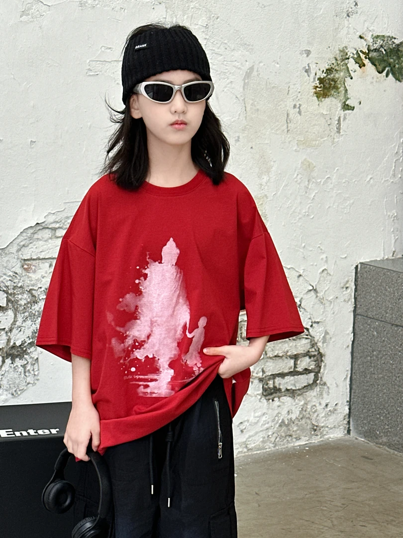 2025夏季新款潮牌大童短袖t恤字母印花圆领上衣半袖3018