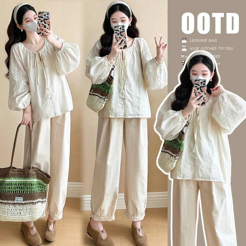 2025春季新款百搭宽松遮肚孕妇装复古气质刺绣法式灯笼袖衬衫