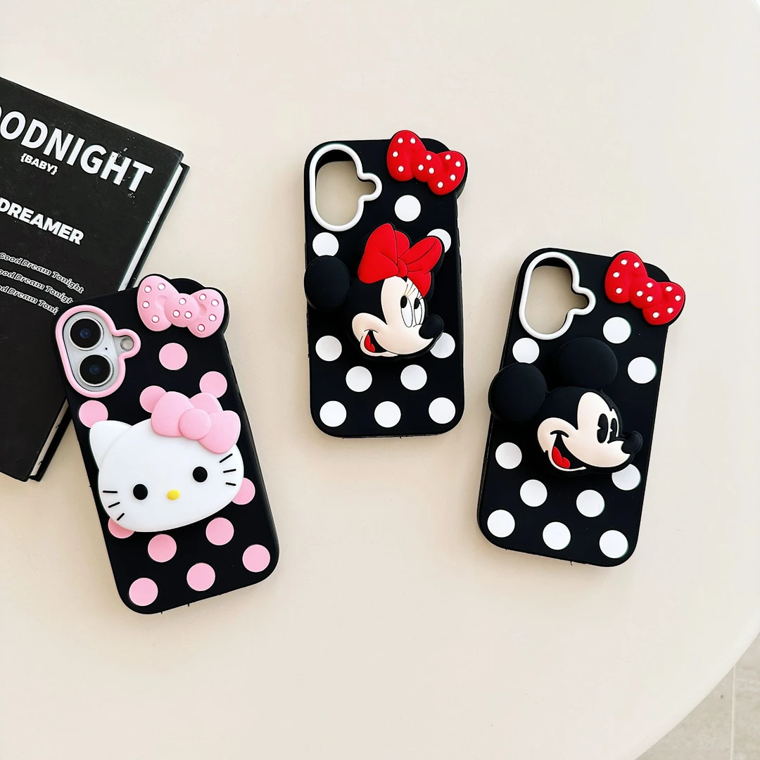 苹果|米奇kitty猫支架波点米妮蝴蝶结适用iPhone16卡通硅胶手机壳