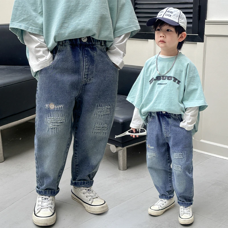 喜嘟童牛仔裤修身女童中小童男童男春季牛仔裤长裤童装春款裤子