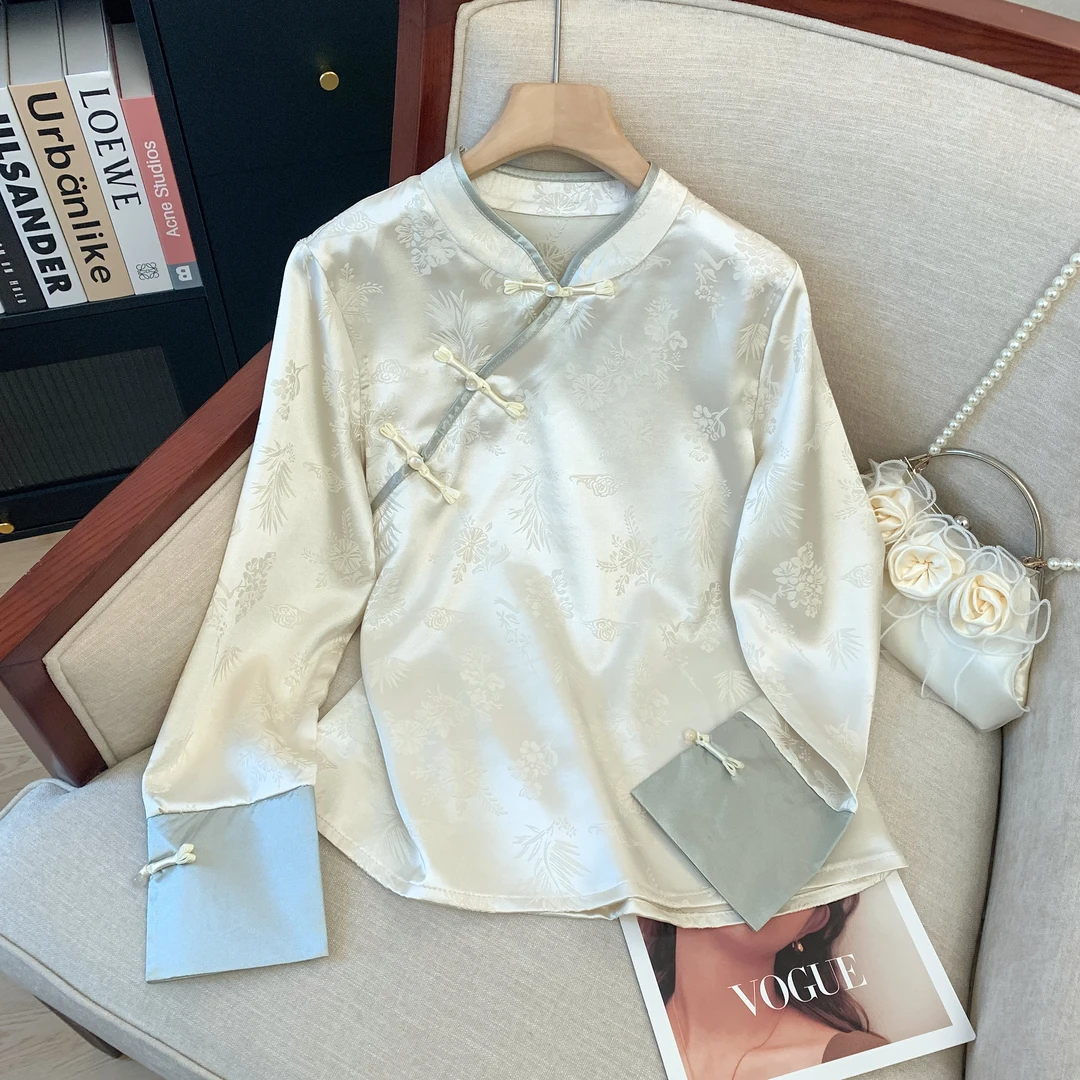 新中式长袖刺绣醋酸缎面2025春季新品复古改良版国风提花气质衬衫