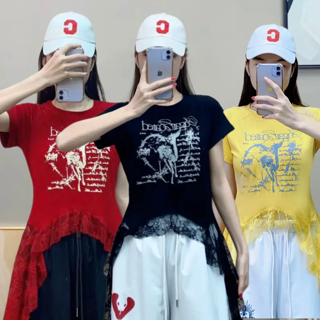 2025夏季新款蕾丝拼接字母印花不规则百搭T恤舞蹈服装跳舞衣服女