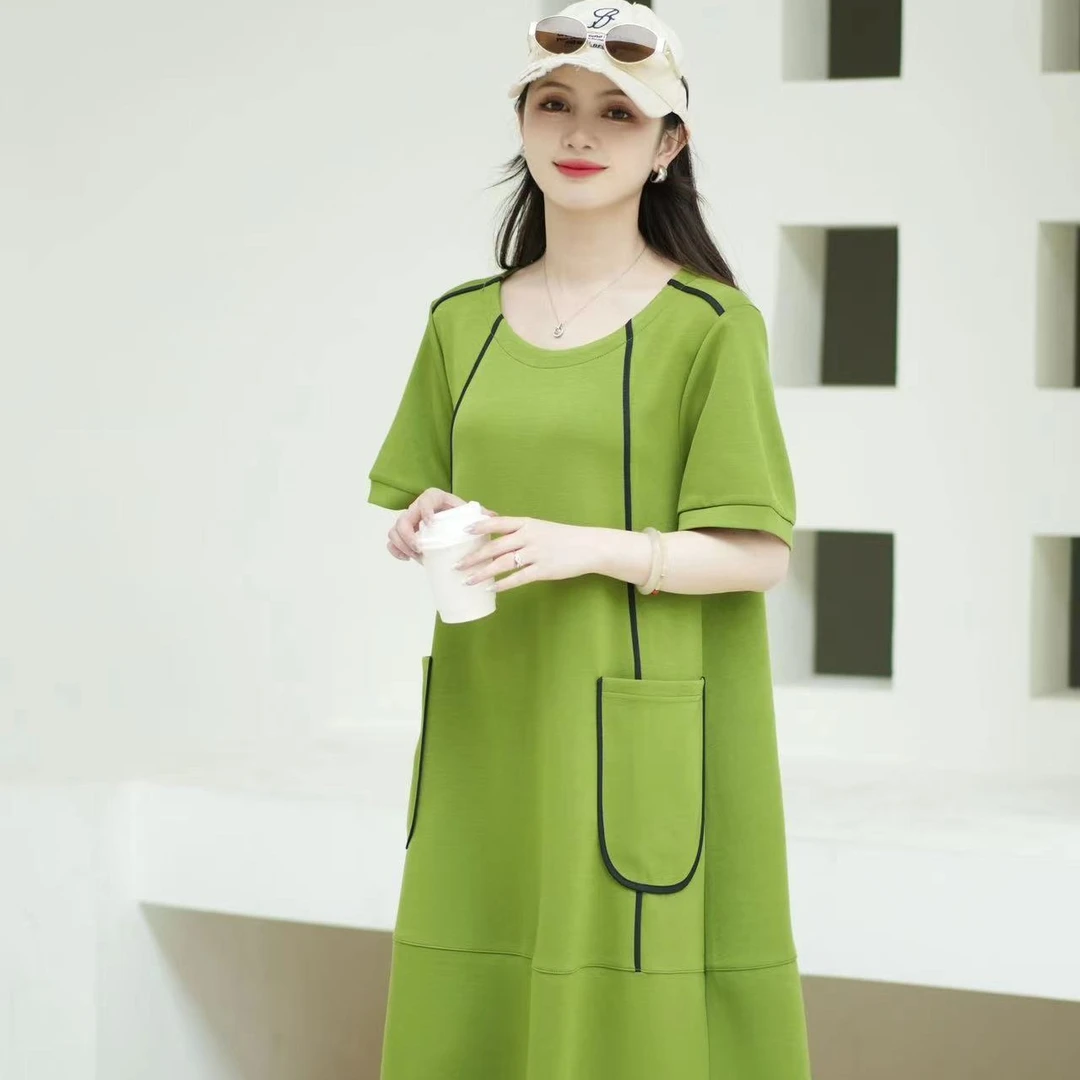妱茗品牌新品大码裙休闲时尚宽松面料舒适短袖纯色显瘦遮肉有口袋