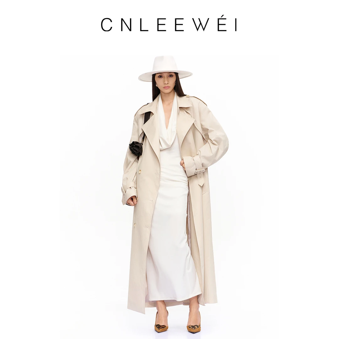 CNLEEWEI 2025年秋季新款经典款大翻领廓形双排扣超长款风衣女
