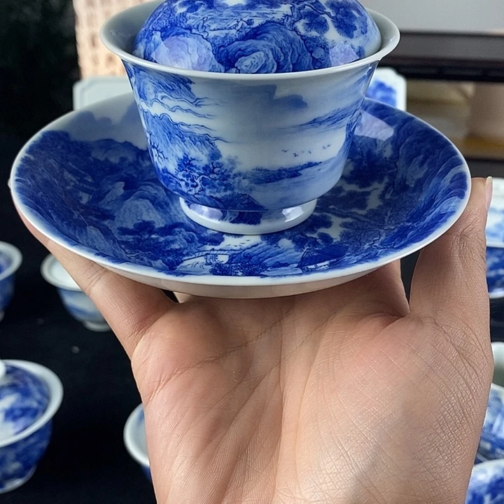 半***滿陶景德镇手工手绘青花山水套组