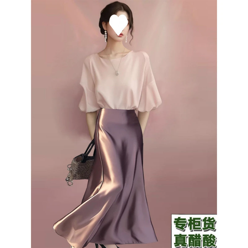 醋酸高级感轻奢夏季连衣裙女神粉色优雅洋气显瘦上衣套装气质法式