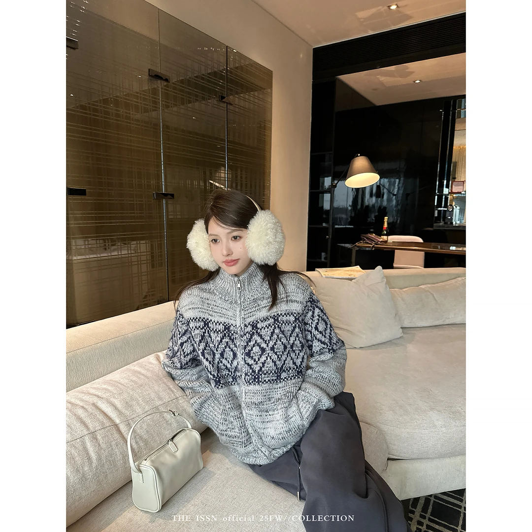 THEISSN宁司 费尔岛提花拉链毛衣女秋冬宽松外套开衫 01681