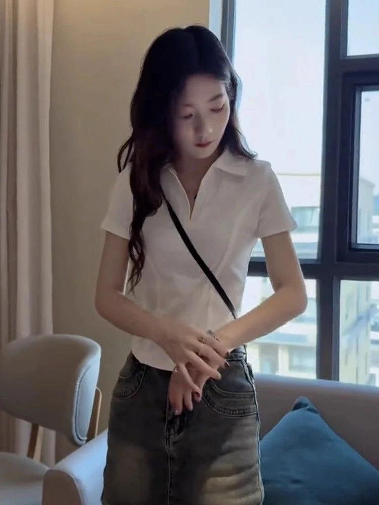 纯棉夏季T恤polo衫学院风收腰上衣洋气短袖针织衫鱼骨polo衫女装