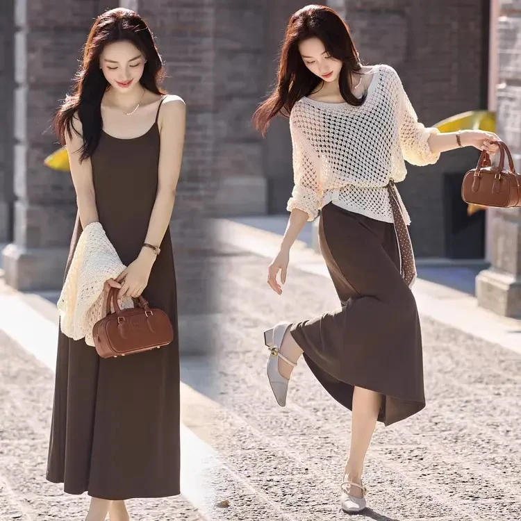 复古港风镂空罩衫套装裙女2025春秋新款系带收腰显瘦吊带裙两件套