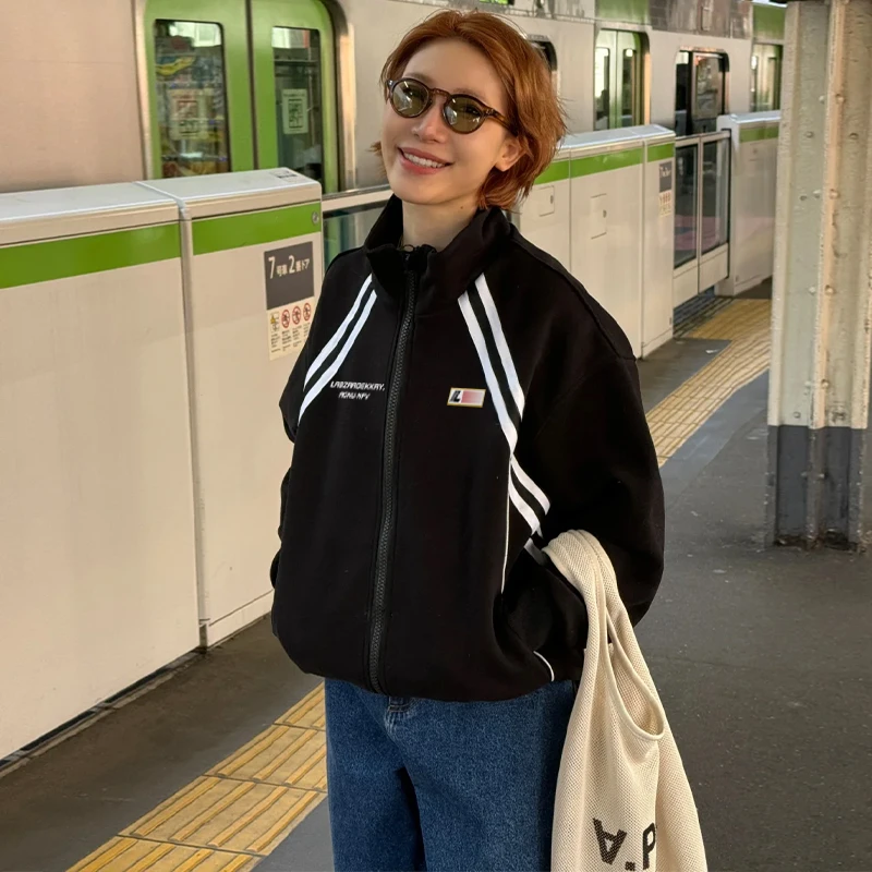 labzaa美式个性字母印花立领开衫卫衣男女秋冬季宽松拼接条纹外套