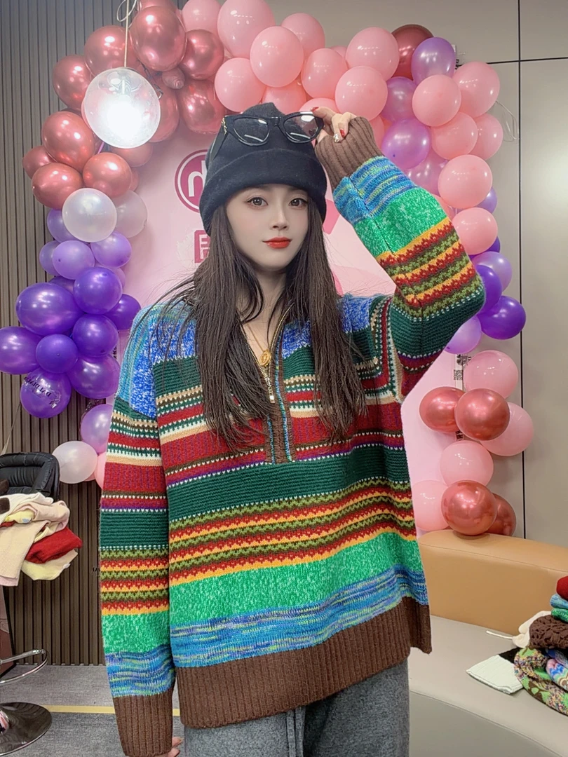 【卡诗米羊绒】25692半拉链花纱山羊绒100%潮牌时尚女款针织上衣