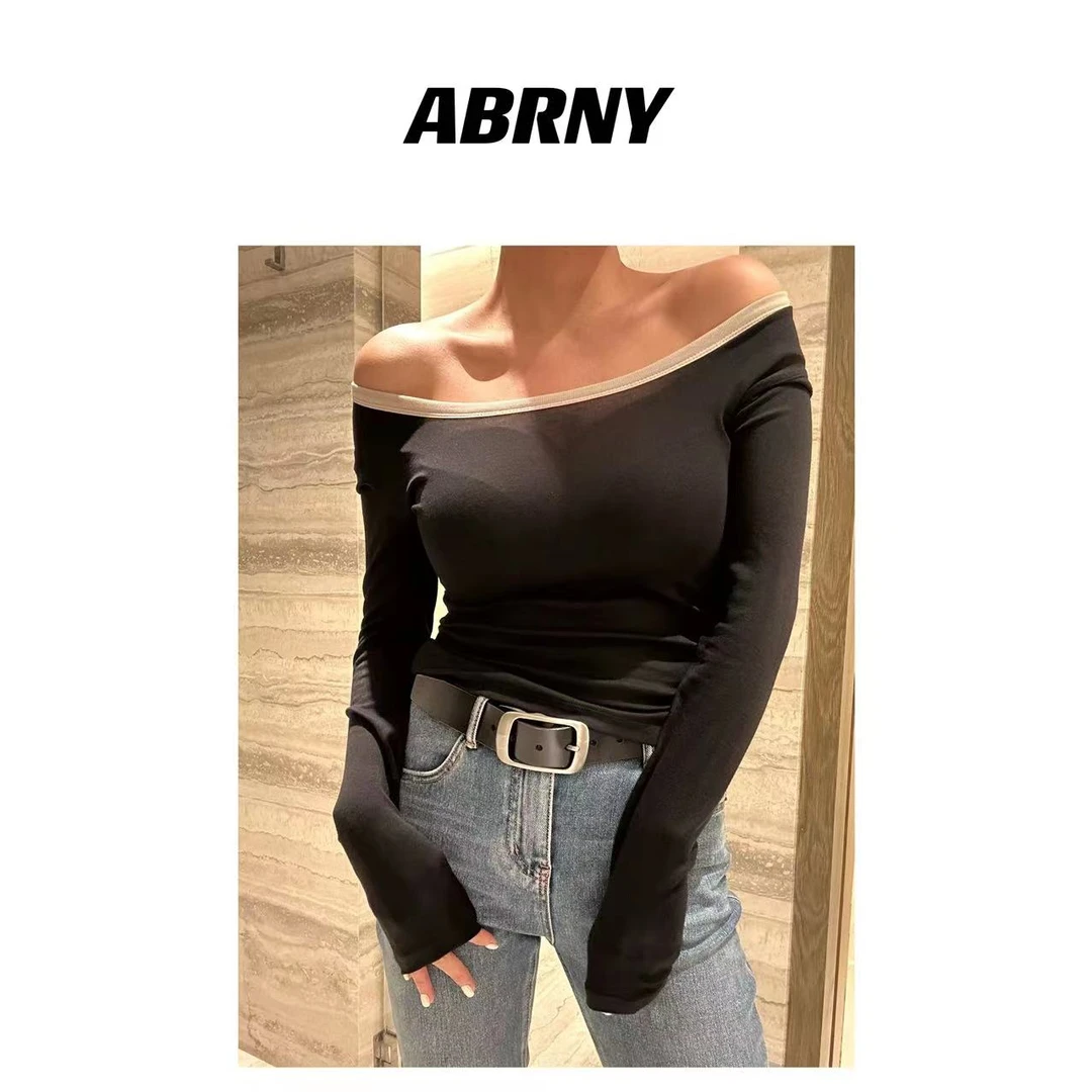 ABRNY【百搭】长袖百搭修身显瘦圆领时尚气质女士简约T恤8874
