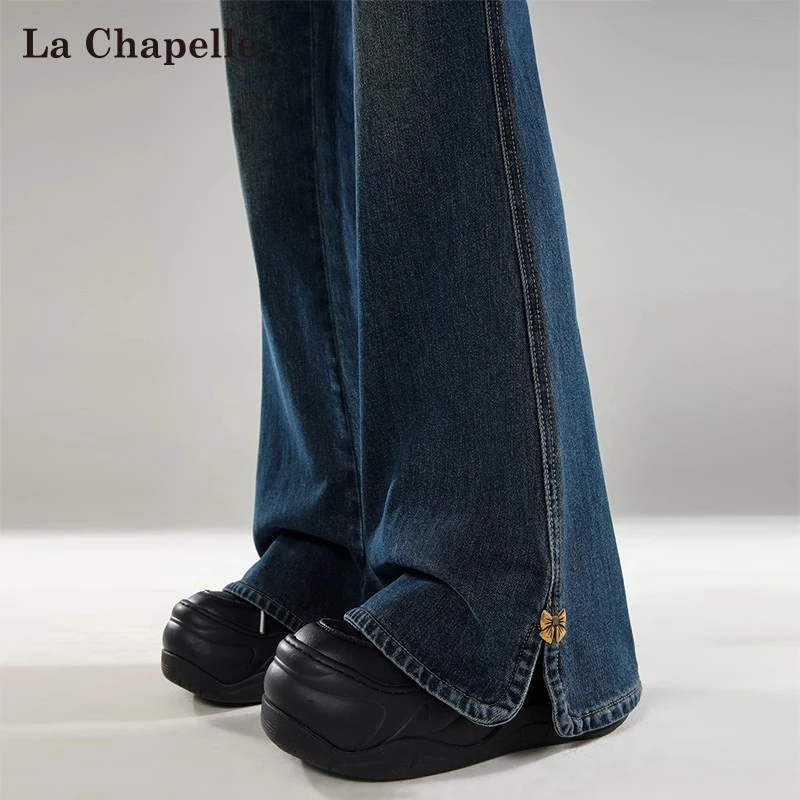 拉夏贝尔侧开叉微喇牛仔裤女秋冬加绒小个子复古高腰马蹄喇叭裤子