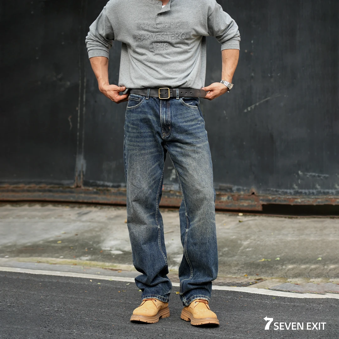 7SEVENEXIT-25FW-15oz【古洗痕】美式复古做旧水洗宽松直筒男牛仔裤