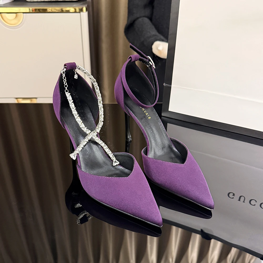 【甘师傅匠心之作】真皮女紫色细跟中空不累脚包头一字带高跟鞋