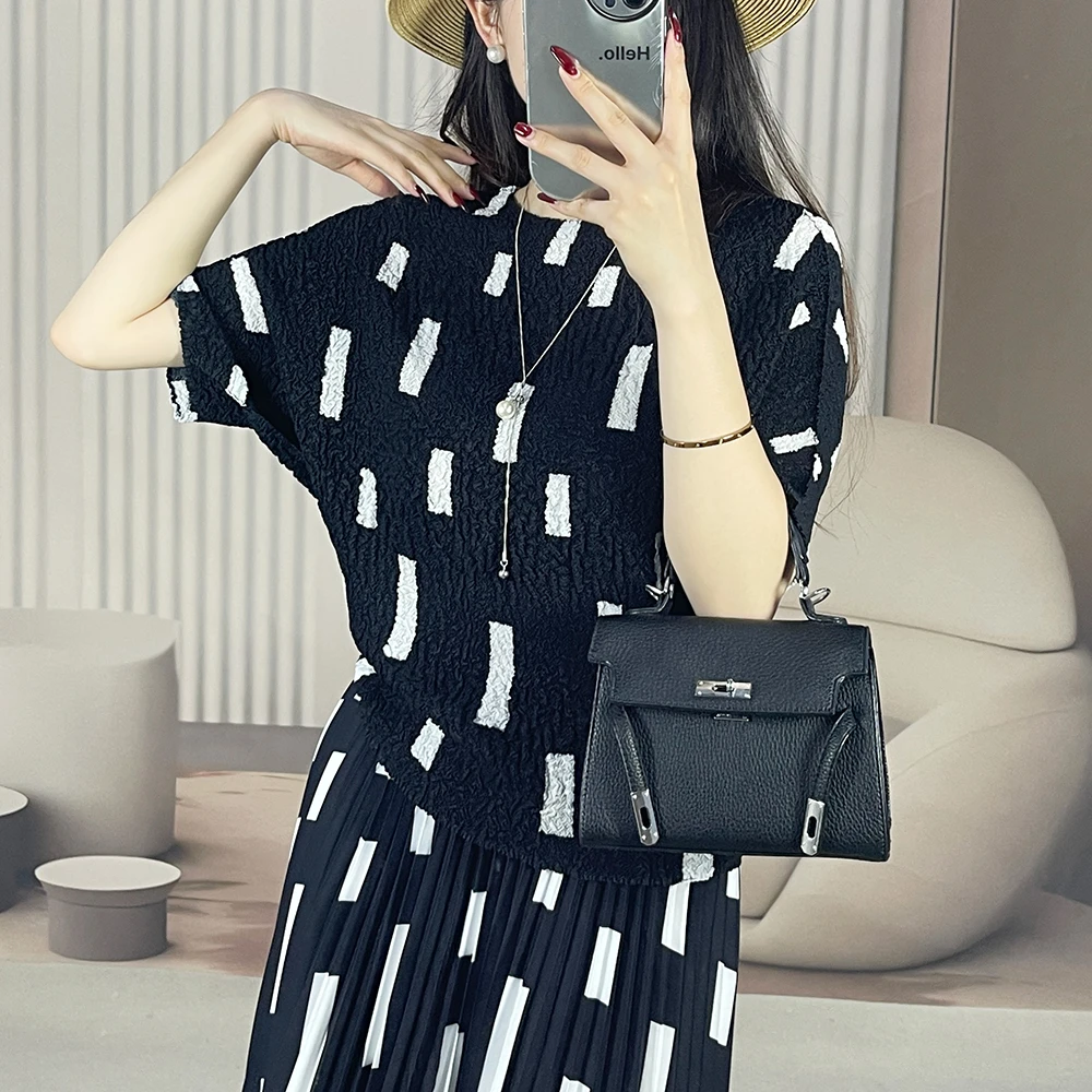 三宅短袖女t恤夏季薄款设计感上衣女装几何印花肌理感褶皱小衫潮