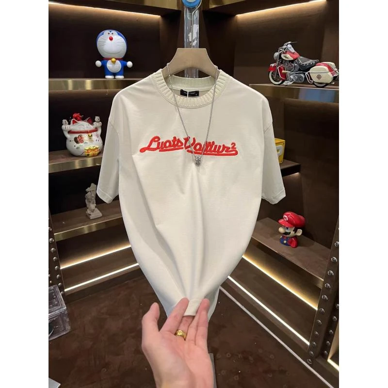 夏季上新轻奢时尚潮流百搭纯色字母刺绣宽松透气男女同款T恤  江