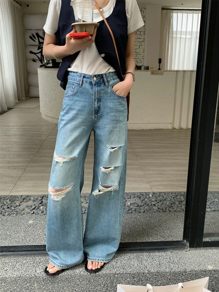 【98295】服#高腰烫钻破洞直筒宽松牛仔裤