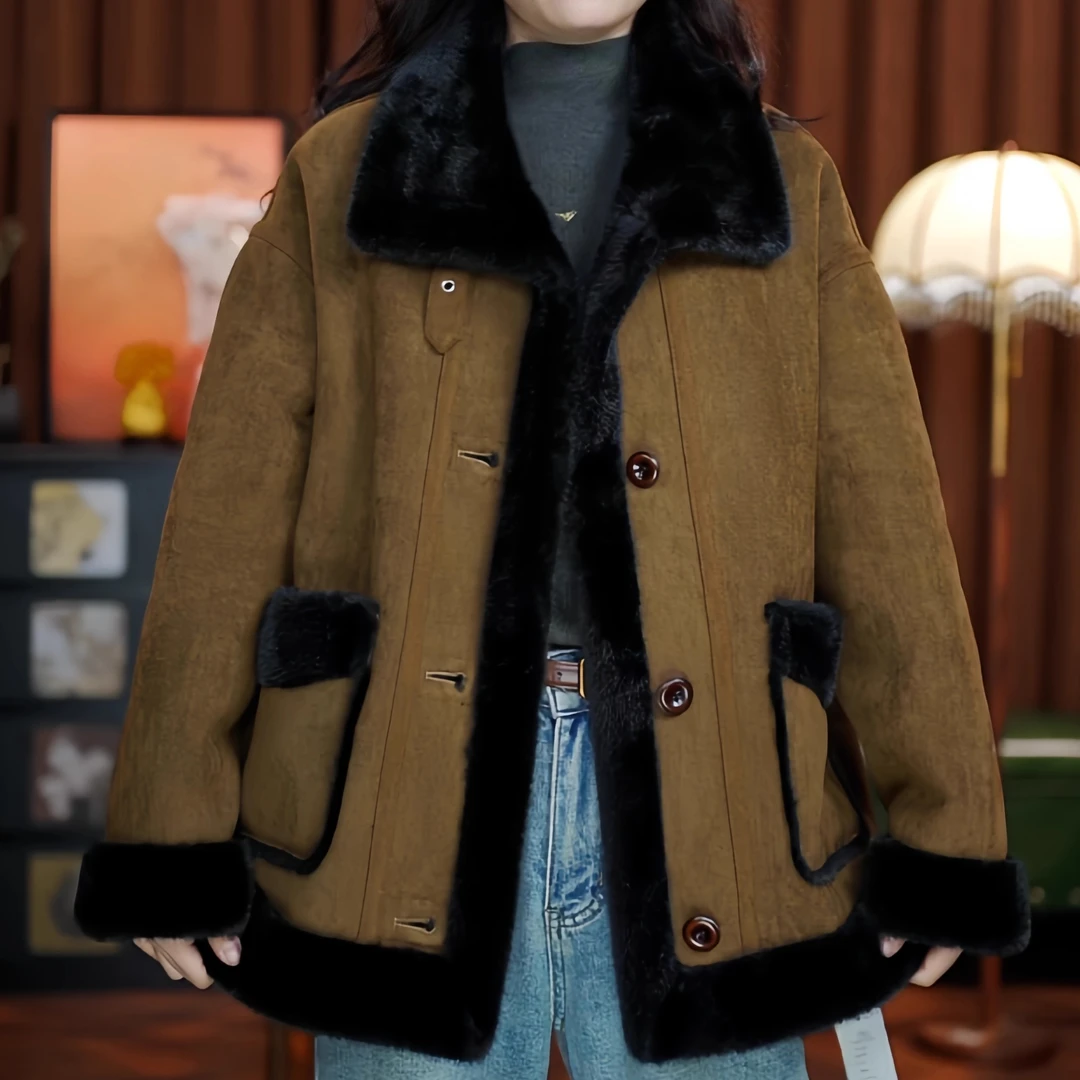 逍遥自在(黑咖色）翻领皮毛大衣加厚高贵外套冬季新款大口袋