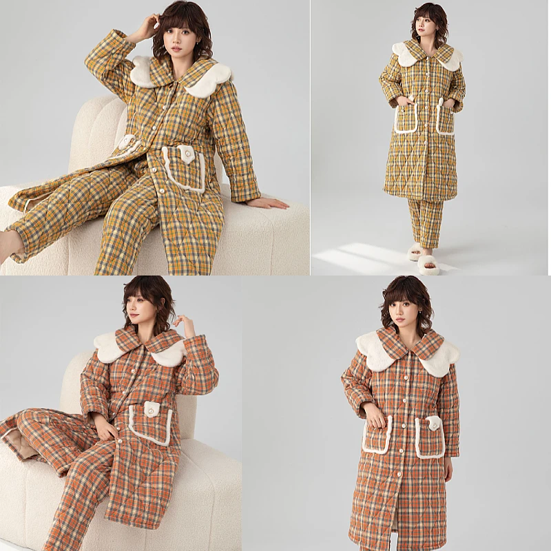 2024新款女士加绒加厚睡衣三层夹棉冬季长款家居服套