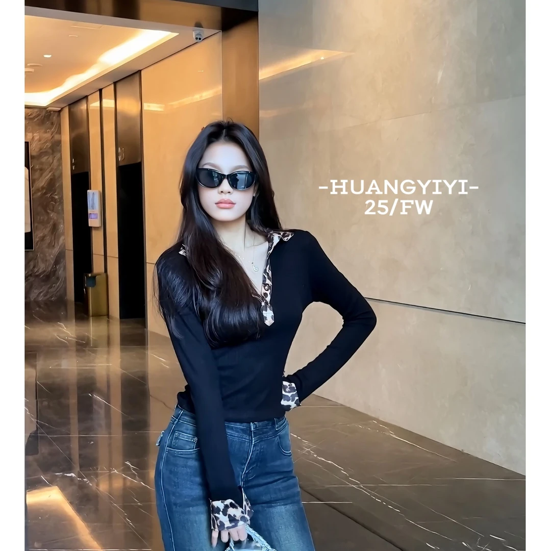 逸逸 美式复古高级感豹纹v领打底衫T恤女装收腰显瘦甜酷辣妹上衣