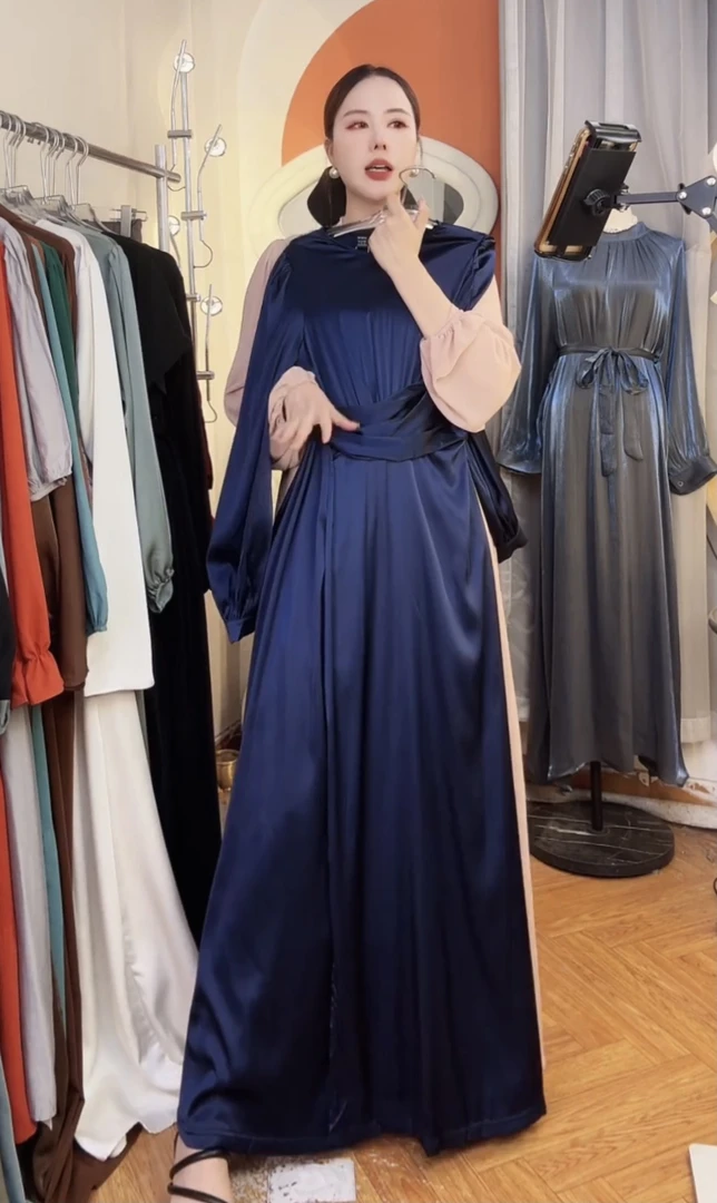 高端气质时尚长袖缎面连衣裙秋冬轻奢显瘦复古长裙【 400# - 蓝色】