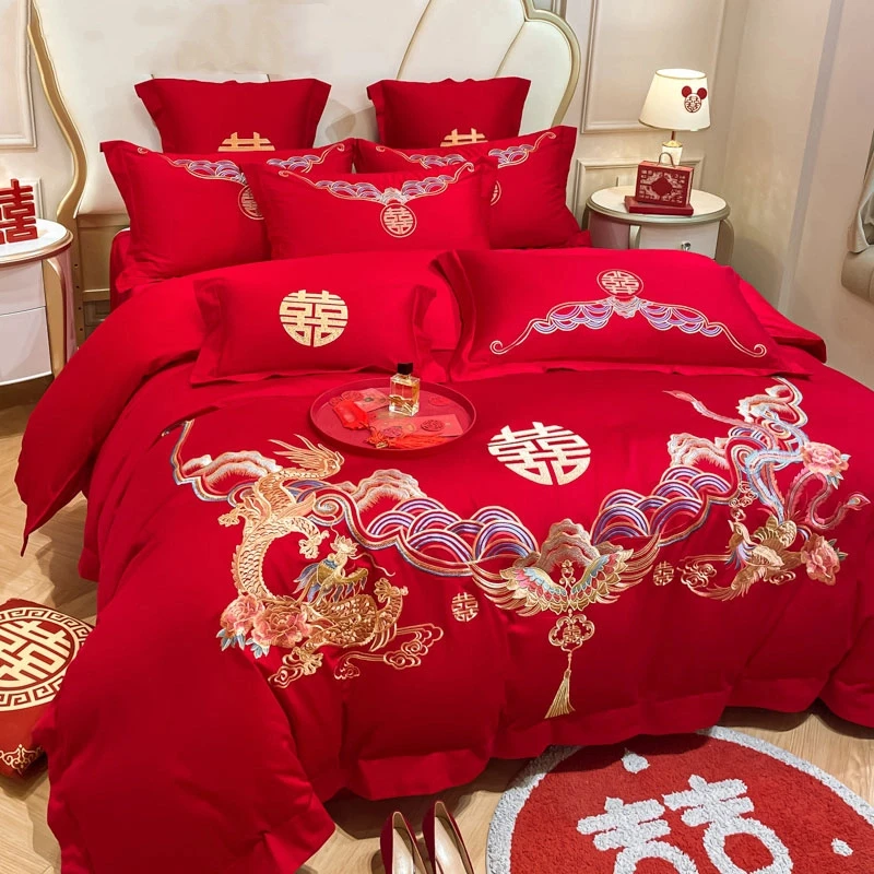 品牌家纺中式龙凤刺绣全棉婚庆四件套大红纯棉结婚喜被套床上用品