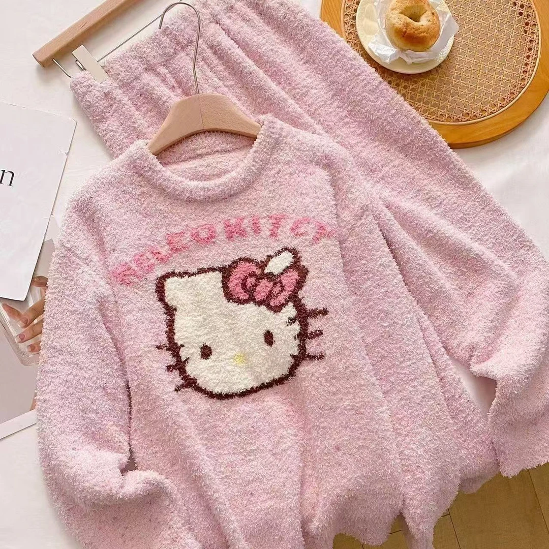 保暖冬季长裤长袖睡衣家居服套装加厚圆领睡衣半边绒
