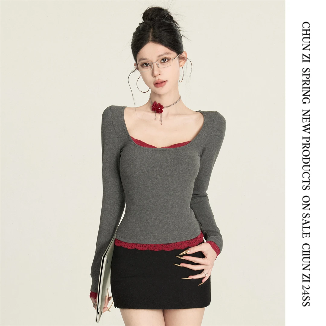 【CHUN ZI】撞色蕾丝上衣性感辣妹显瘦假两件拼接长袖方领短款T恤女