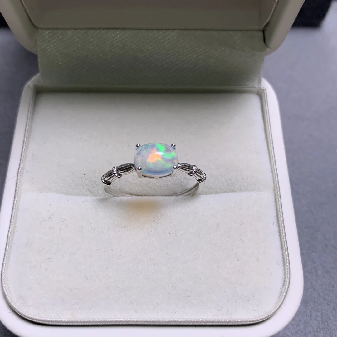 世纪珠宝S925银天然满火彩欧泊戒指可调节 精致百搭时尚